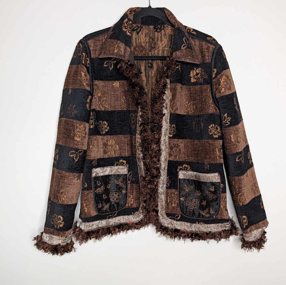 Women's Vintage Boho Brown Fringed Blazer Floral Stripe Espresso Brown Black M - Picture 2 of 10